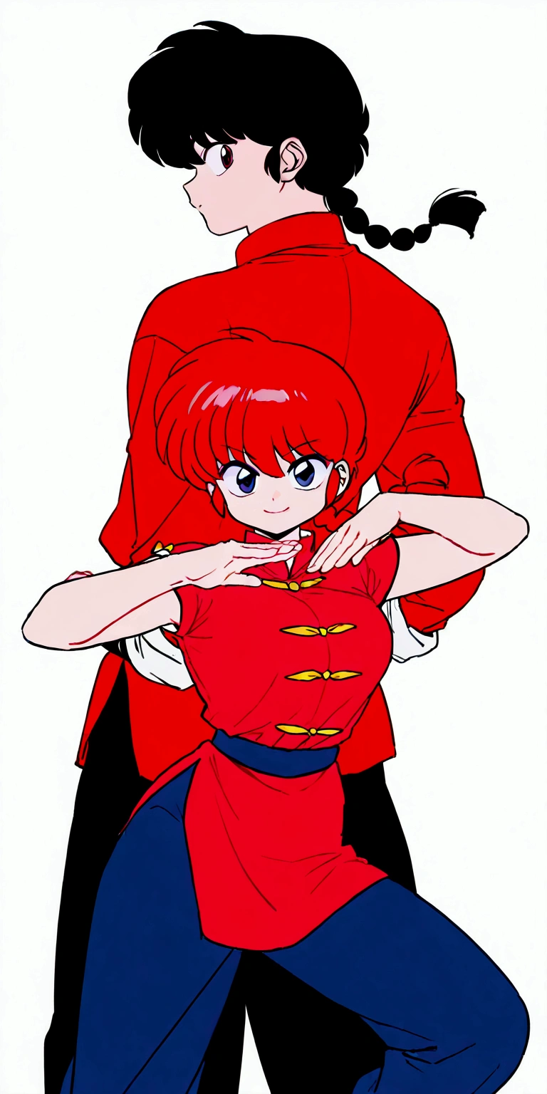 
(1boy and 1girl\((back to back:1.4)\):1.4), 1boy\(Ranma, the main character of anime\(Ranma1/2\), braided black hair, gray eyes, red Chinese clothes, smiling, ranma saotome, single braid, braided ponytail,pants, chinese clothes, tangzhuang, kung fu pose\),1girl\(Ranma, the main character of anime\(Ranma1/2\), braided red hair, red eyes, red Chinese clothes, smiling, ranma saotome, braid, red hair, single braid, braided ponytail, red eyes,pants, chinese clothes, tangzhuang, kung fu pose,purple eyeshadow),background\(many deformed pandas,simple,pastel color\). BREAK .quality\(8k,wallpaper of extremely detailed CG unit, high resolution, top-quality, top-quality real texture skin, hyper realistic, increase the resolution, RAW photos, best quality, highly detailed, the wallpaper, golden ratio, high saturation realism, vibrant colors, dramatic lighting, persuasive storytelling, atmospheric scenery, captivating visuals, intricate details, strong emotions, dreamlike world\)