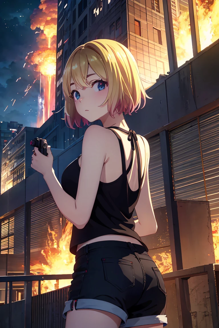 masterpiece, Highest quality anime illustrations, Super detailed,ultra high resolution、perfect lighting single girls, alone, Blonde、medium hair, anime , view at viewer, cleavage、 black tank top seen above、 sexy black shorts、 handgun、at night、 fence、Explosion and Flames 、Building on fire