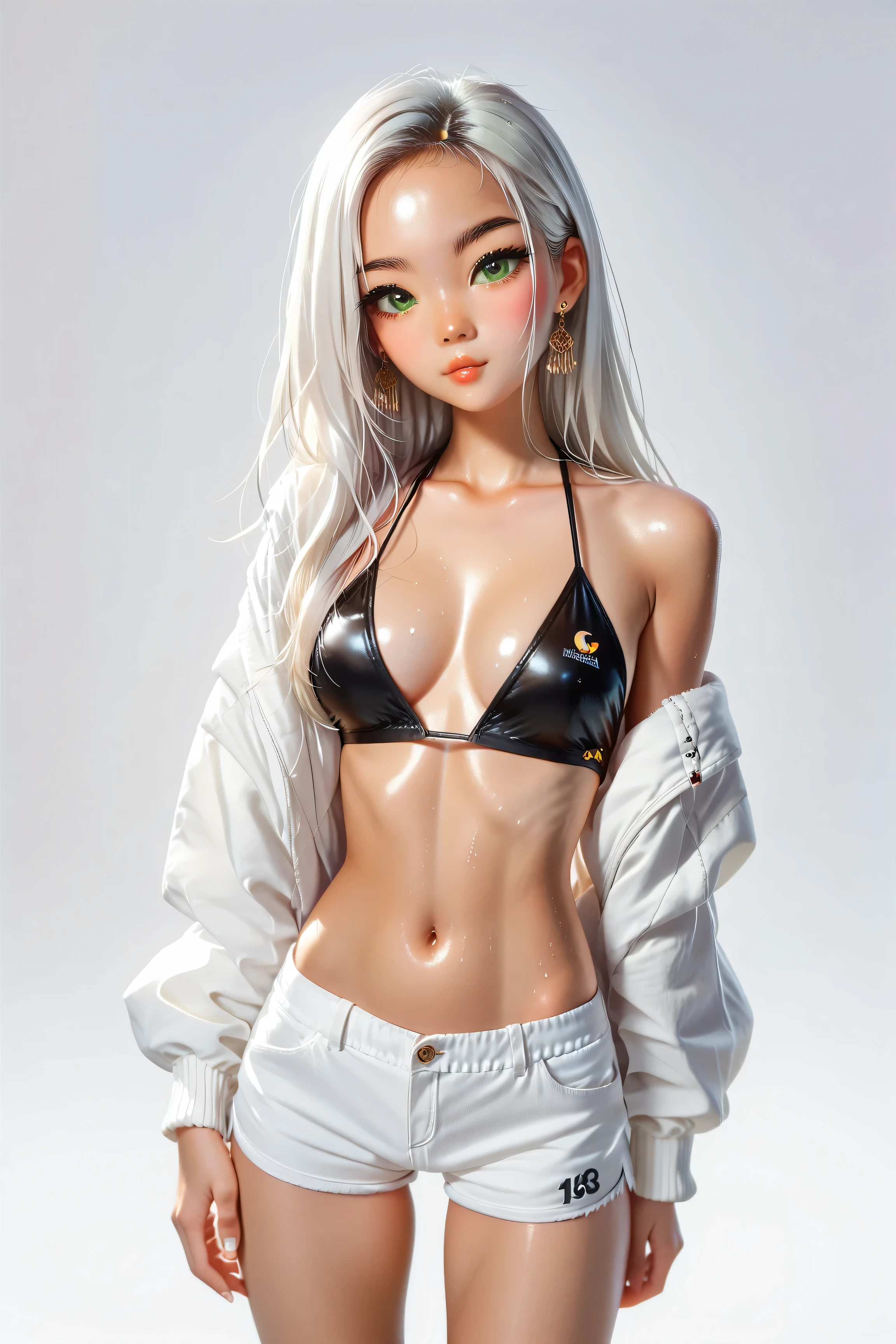 cute asian , white hair, green eyes, slim, perfect breasts , petite, shiny skin, bikini top, shorts, White background
