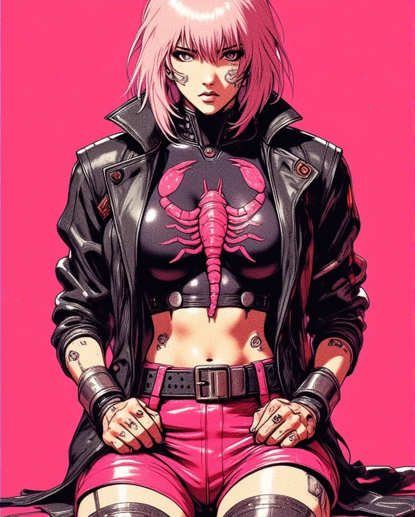 A young, light-skinned woman with a rebellious edge, her short, light pink hair contrasting sharply against her dramatic dark makeup. She is the embodiment of punk chic, adorned in a black leather jacket that falls open to reveal a black cropped top with a vivid pink scorpion graphic, which clings to her torso like a second skin. Below, a bright magenta, vinyl-like mini skirt is accentuated by studded black belts, creating a bold fashion statement that demands attention. Her legs are sheathed in fishnet stockings, a nod to the iconic punk aesthetic that complements the edgy vibe. The stark, vibrant hot pink backdrop provides a surprising yet fitting canvas for her form, allowing the intricate details of her ensemble to pop. Her serious expression, highlighted by dark, intense lipstick, mirrors the piercings that stud her face and body, serving as silent exclamation points to her unspoken confidence. The dramatic lighting casts stark highlights and deep shadows across her figure, enhancing the contrasts and adding an air of mystery to the scene. This mid-shot captures her in a slightly angled pose, her body language commanding and her gaze unyielding, as if she's about to break into the viewer's space. The composition is tight, centering her in the frame, and the high-contrast style underscores the fashion-forward, punk-inspired look she exudes. Her presence is palpable, a visual manifesto of individuality and strength that resonates within the confines of the image.
