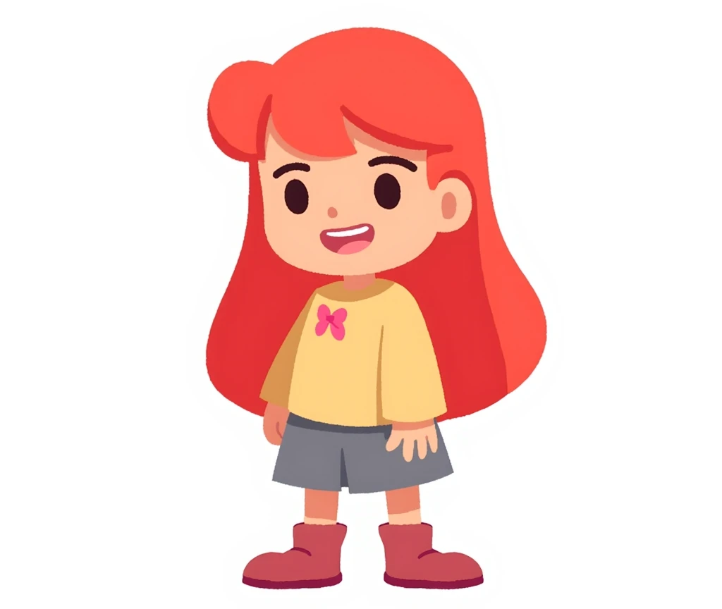 list of character, girl, idle pose, long red hair, 2d platformer game character,  flat 2d cartoon style, no background