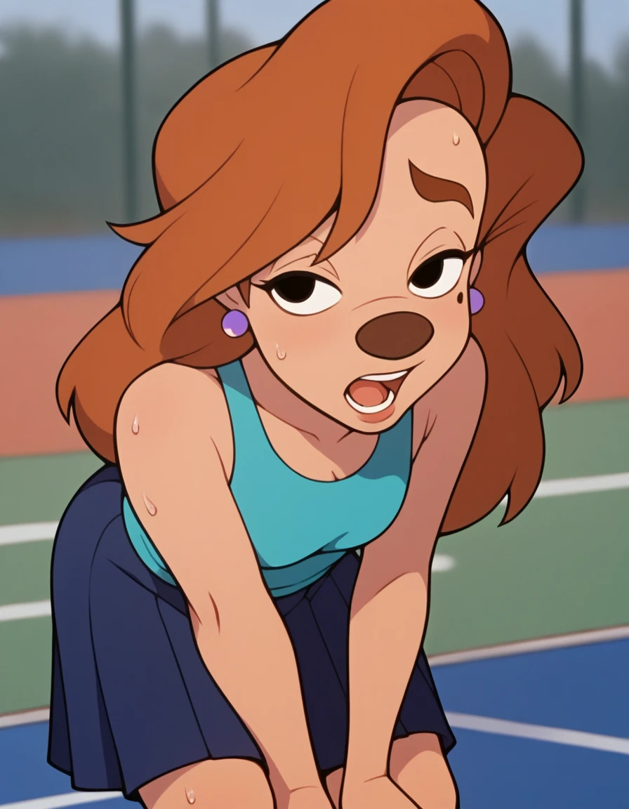 roxanne, 1girl, brown hair, long hair, solo, earrings, black eyes, blue tanktop, furry female, blue skirt,, score_9, score_8_up, score_7_up, score_6_up, score_5_up, score_4_up, tennis court,, sweaty, hands on knees, bending over pose, out of breath, open mouth