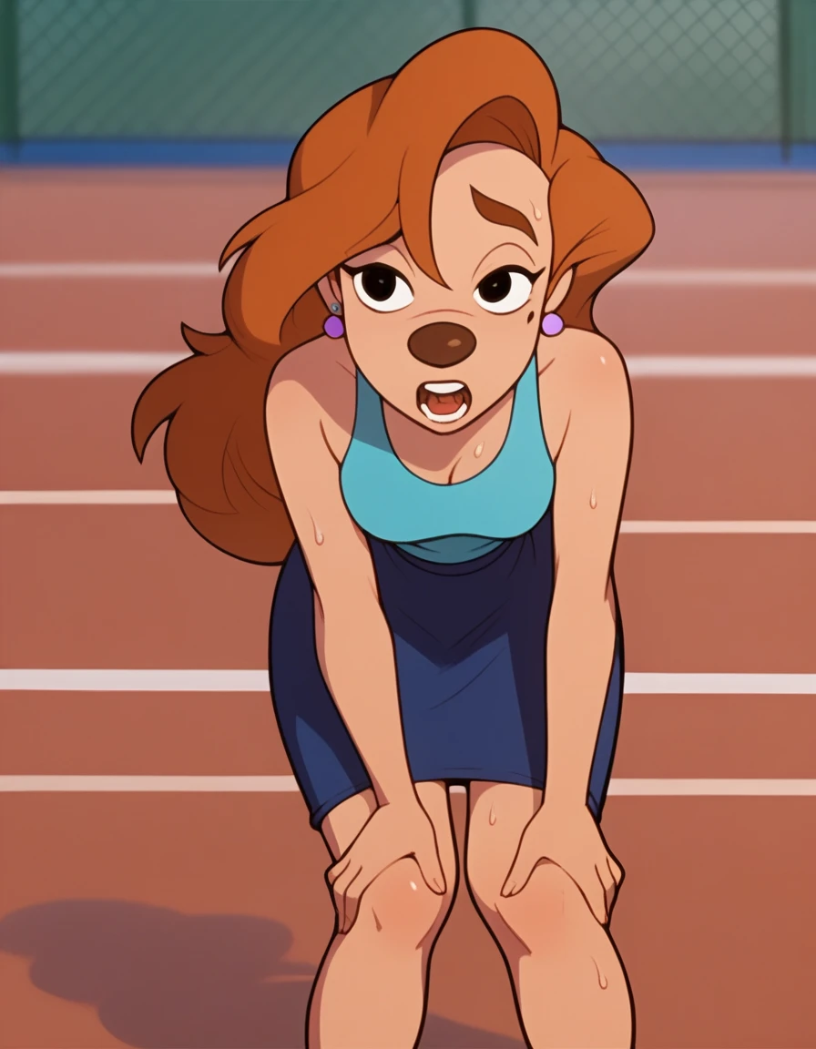 roxanne, 1girl, brown hair, long hair, solo, earrings, black eyes, blue tanktop, furry female, blue skirt,, score_9, score_8_up, score_7_up, score_6_up, score_5_up, score_4_up, tennis court,, sweaty, hands on knees, bending over pose, out of breath, open mouth