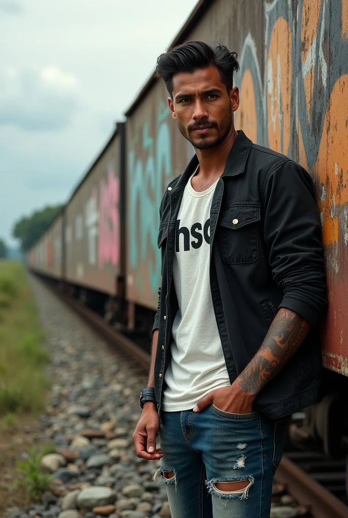 Desi man wearing a t-shirt and blue jeans. Dirty socks.