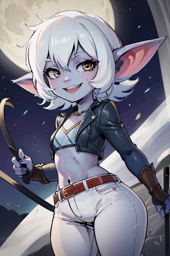 Tristana \(league of legends\), league of legends, funny tristana woman, white hair, short stature, blue anime suit, elegant, white pants, leather belt, small bust, medium hips, silver decorations on the suit, leather whip, looking at viewer, is attacking with the whip, smile heroic, night landscape with the full moon behind it. (blue skin:1.2) three fingers, one thumb. Meticulously drawn with vigorous details. 
 ink, sumi-e, portrait, smiling, cute face