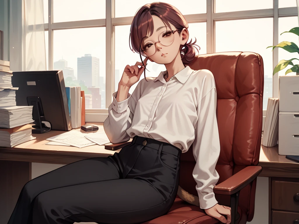 (anime style) A young brown woman with glasses, short curly hair, distracted, sitting in an office chair, facing a desk, drawn, woman in a nightgown (solo) (1 woman)