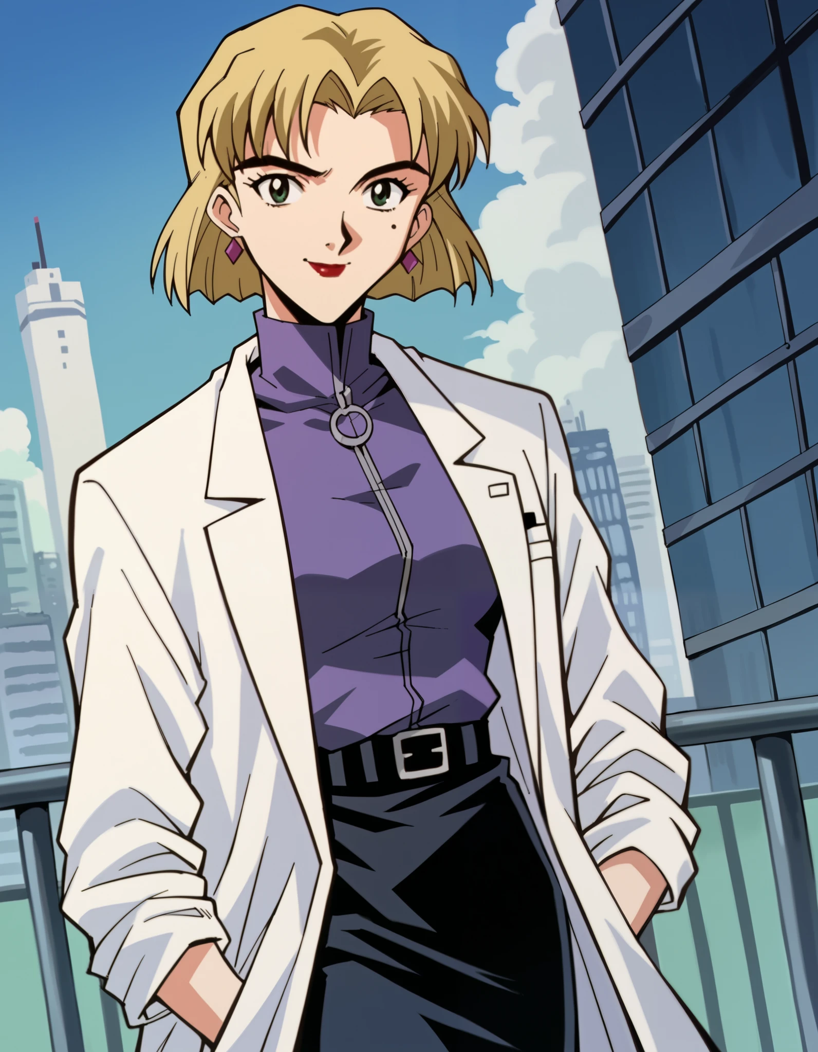 score_9, score_8_up, score_7_up, source_anime,
ritsukoakagi, ritsuko akagi, short hair, blonde hair, mole, mole under eye, parted bangs, green eyes,
lipstick, skirt, jewelry, pantyhose, earrings, belt, pencil skirt, labcoat, shirt, purple shirt, turtleneck, zipper,
cityscape, smile,
cowboy shot, looking at viewer, solo, dutch angle,
