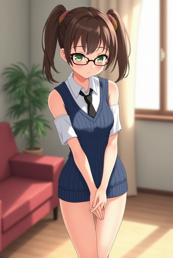 Schoolgirl with brown hair、Green skirt、(Blue headphones)、Apron、Semi-long hair、baker、Black pantyhose、(no panties)、(Wet),、(See-through)、red blush、Solo、kitchin、breads、(Masturbate)、dildo in the vagina