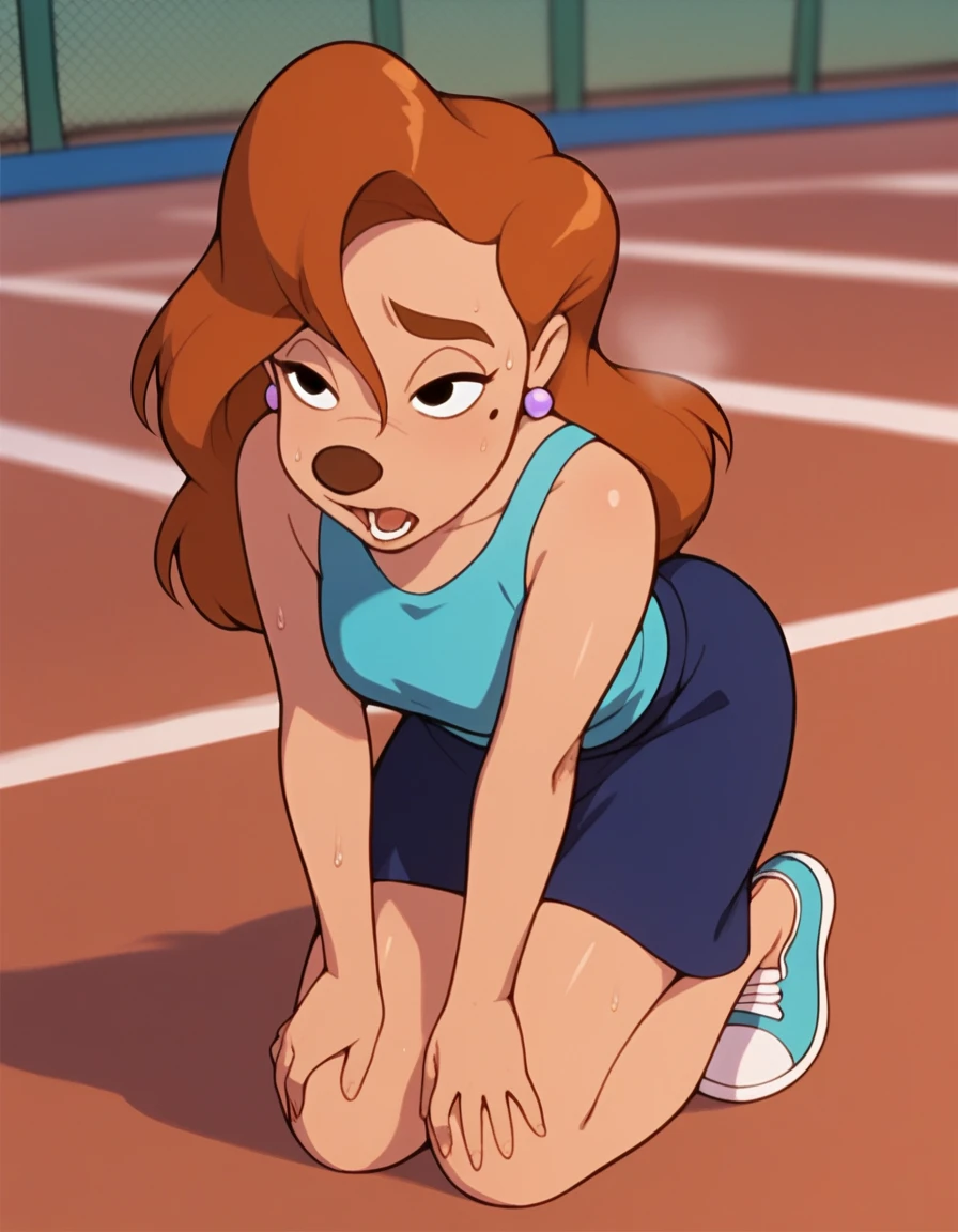 roxanne, 1girl, brown hair, long hair, solo, earrings, black eyes, blue tanktop, furry female, blue skirt,, score_9, score_8_up, score_7_up, score_6_up, score_5_up, score_4_up, tennis court,, sweaty, hands on knees, bending over pose, out of breath, open mouth