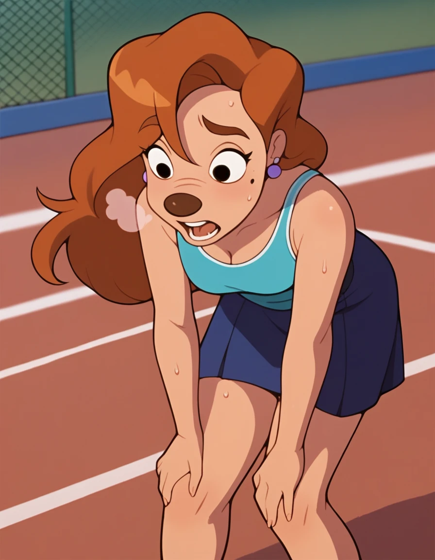 roxanne, 1girl, brown hair, long hair, solo, earrings, black eyes, blue tanktop, furry female, blue skirt,, score_9, score_8_up, score_7_up, score_6_up, score_5_up, score_4_up, tennis court,, sweaty, hands on knees, bending over pose, out of breath, open mouth