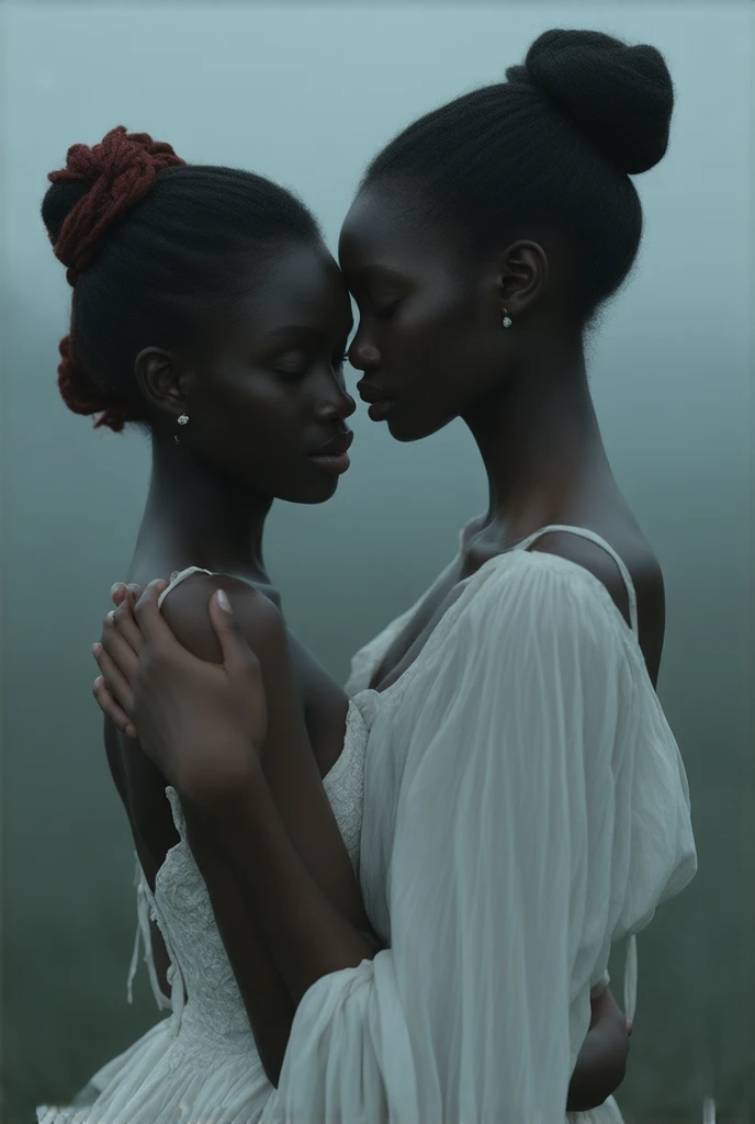 (2 DARK SKIN EBONY AFRO GIRLS 14 YO),Two girls dressed in SHEER WHITE silk CAMISOLE having sex KISSING SOFTLY (BOTH GIRLS HAVE LARGE BREASTS AND CLEAVAGE), (HAIR CUT IS SHAG CUT),, ,,(BOTH GIRLS HAVE BLACK HAIR ,, HAVE THEM TURNED SLIGHTLY TOWARDS THE VIEWER SO VIEWER CAN SEE THE LIPS KISSING)(THEY SHOULD BE LOOKING AT THE CAMERA SO YOU CAN SEE THE DELIGHT IN THEIR EYES.