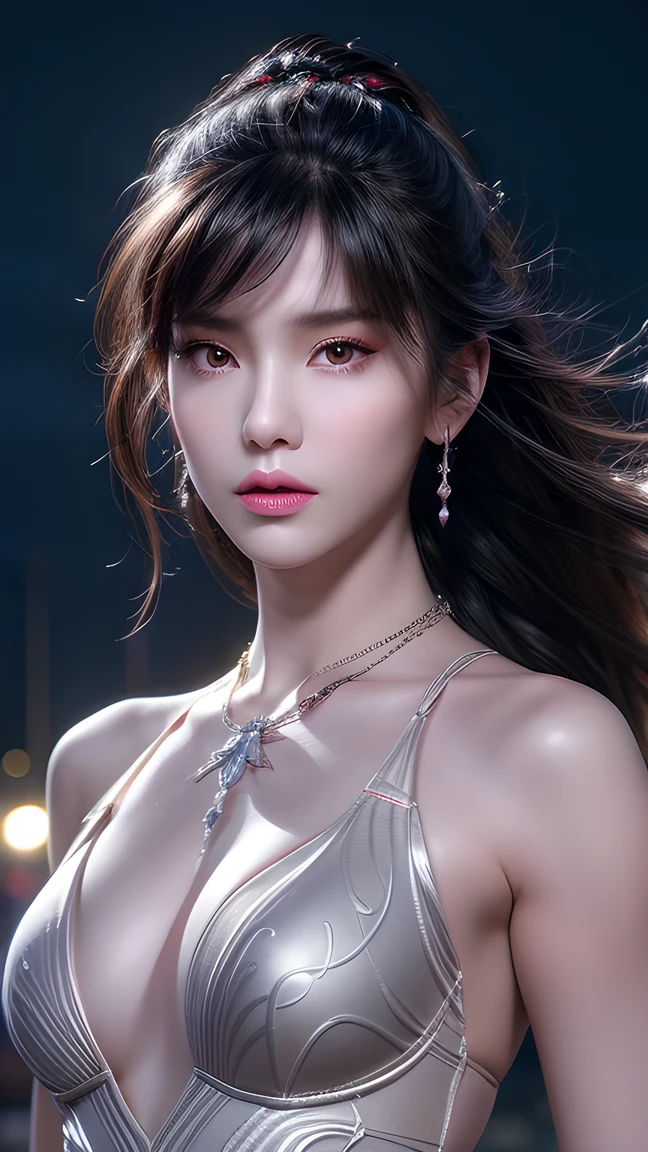 (4K:2.0), (ultra hd), Masterpiece, ((1girl)), beautiful face, (glowing face:1.5), detailed eyes, (ultra long flowing hair:1.5), (black and silver mixed hair color:1.2), crystal hair ornaments, earrings, necklace, (very beautiful:1.5), silver dress, ((glowing dress:1.5)), bare stomach, glowing lace:1.2 shining dress:1.2, magic ball glowing, jewellery, (soft light:1.5), (spreading lights:1.5), beautiful bright glowing, low lighting, dark room, dark background, (complex shadow:1.2), looking at viewers,