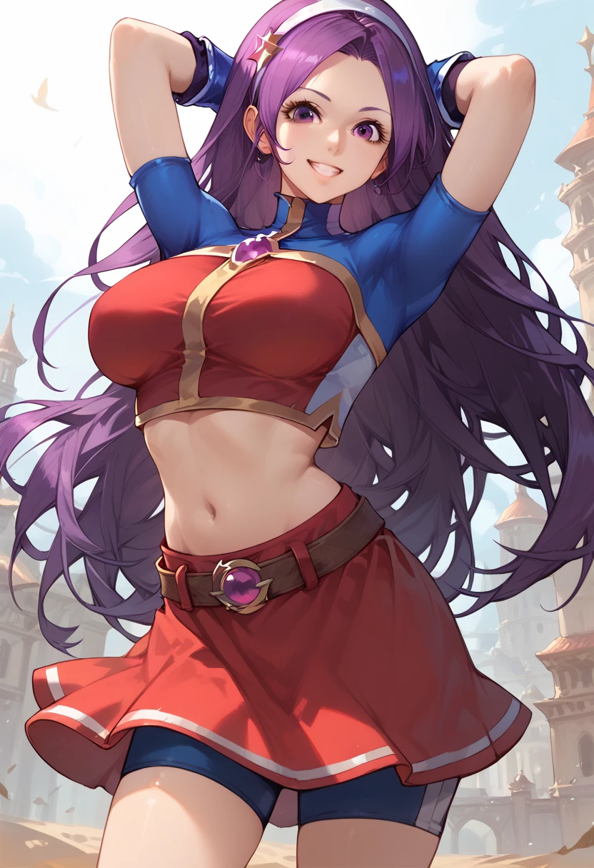 (score_8, score_8_up, masterpiece, highest quality, perfect anatomy, perfect finger, exquisite detailed:1.3), (realistic:0.5), 
1 girl, ATHKOF2002, purple hair, long hair, purple eyes, white hairband, 
blue sleeves, pearl (gemstone), short sleeves, red top, belt, fingerless gloves, navel, red skirt, biker shorts,
cute face, busty, 
smile, looking at viewer,
standing, (legs apart:0.8), 
arm behind head,