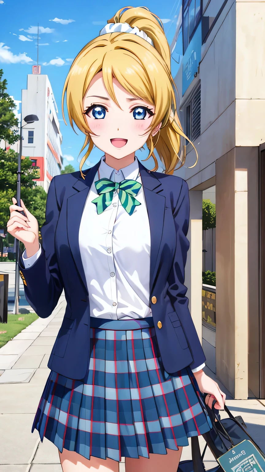 {{{masterpiece}}}, (best quality:1.5), (ultra-detailed:1.5), {illustration}, {{an extremely delicate and beautiful}}, (beautiful detailed eyes:1.5), absurdres, highres, extremely detailed face, 16k, hd, visual anime de uma jovem mulher, extremamente bonito rosto de anime, anime melhor garota, (perfect hands, perfect anatomy), anime face, ayase eli(lovelive!), 1girl, solo, cute face, blonde hair, swept bangs, ponytail, sidelocks, hair scrunchie, blue eyes, big breasts, thin waist, big hips, curvaceous, BREAK, {otonokizaka school uniform}, Winter uniform, white shirt, long sleeve, green ribbon tie, striped tie, jacket, (dark blue jacket:1.5), close jacket, plaid skirt, pleated skirt, blue skirt, BREAK, open mouth, smiling, flushed cheeks, walking, looking at viewer, outdoor, city, building, sky, daytime, cowboy shot
