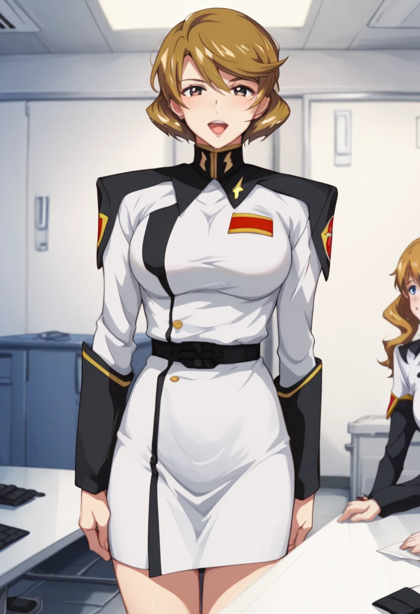  highest image quality taken by Ki、 anatomically accurate 29-year-old woman 、Golden brown hair、My eyes are light blue、Height: 170cm、Sexually provocative facial expressions、 saluting 、軍の会議室で、 Zaft's white military uniform in the military conference room ( wearing a white tight skirt in a military conference room)、