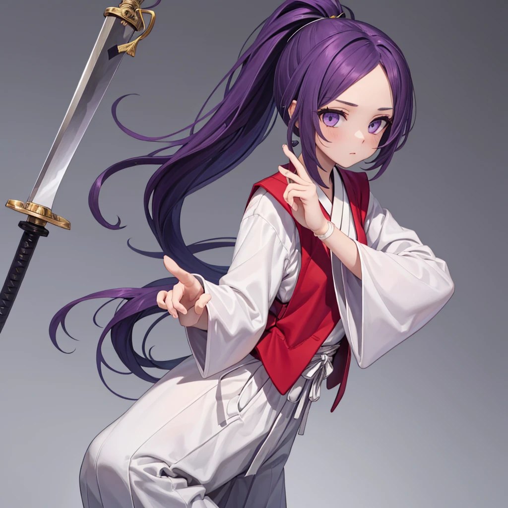 this is a picture of a girl dressed in a long gown with a sword, clean line drawings, ultra cute girl, ultra cute face, ultra detailed eyes, ultra detailed hair, ultra cute, ultra beautiful, ((high end)), (UHD picture), (best quality,4k,8k,highres,masterpiece:1.2), top-quality(​masterpiece), top-quality, ultra-detailed, highly detailed texture, intricate details, high quality textures, masterpiece, best quality, perfect quality, perfect anatomy, perfect body, perfect symmetrical face, perfect hands, perfect feet, (two arms:1.2), (two legs:1.2), (five fingers each:1.2), (perfect joint:1.2), perfect joint movement, precise fingers and hands, 1 beautiful girl, 1 girl, alone, solo, , , ((())), ((ish)), (Best Quality, hight resolution), extremely detailed and lifelike, Vibrant colors, simple background, very long hair, forehead visible bangs, hair flaps, purple hair, ponytail, well-formed face, purple eyes, japanese clothes, samurai, open vest, red vest, white kimono, long sleeves, wide sleeves, haori, long hakama, wide hemmed hakama, hakama pants, long trousers, sword, katana, holding katana, weapon