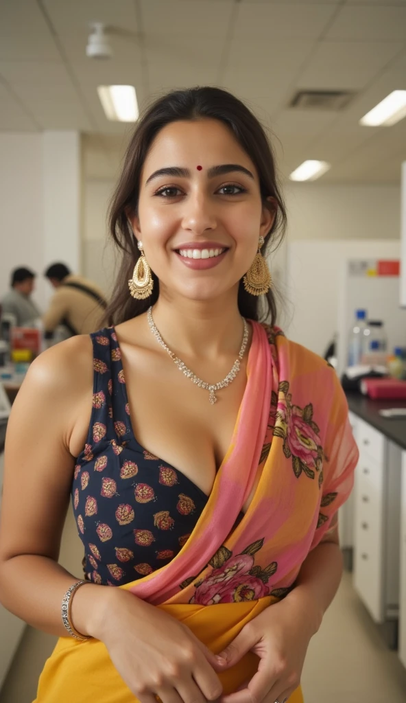 Hot and sexy sara, gigantic breasts, cleavage, wore stylish and design hot and sexy yellow and pink colour saree (printed Design), standing in laboratory (afternoon time), standing & model pose, beautiful body, masterpiece, ultra realistic,detailed, 16 k , Film type light, potrait photography,camera angle front, looking at viewer,(cinematic:1.3), intricate details, (ArtStation:1.2)