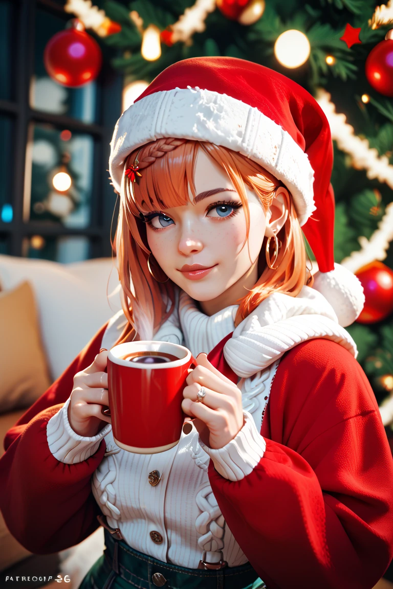 smiles, there is winter in the background and a Christmas hat on my head and a warm glass of coffee in my hands, high quality 4k 