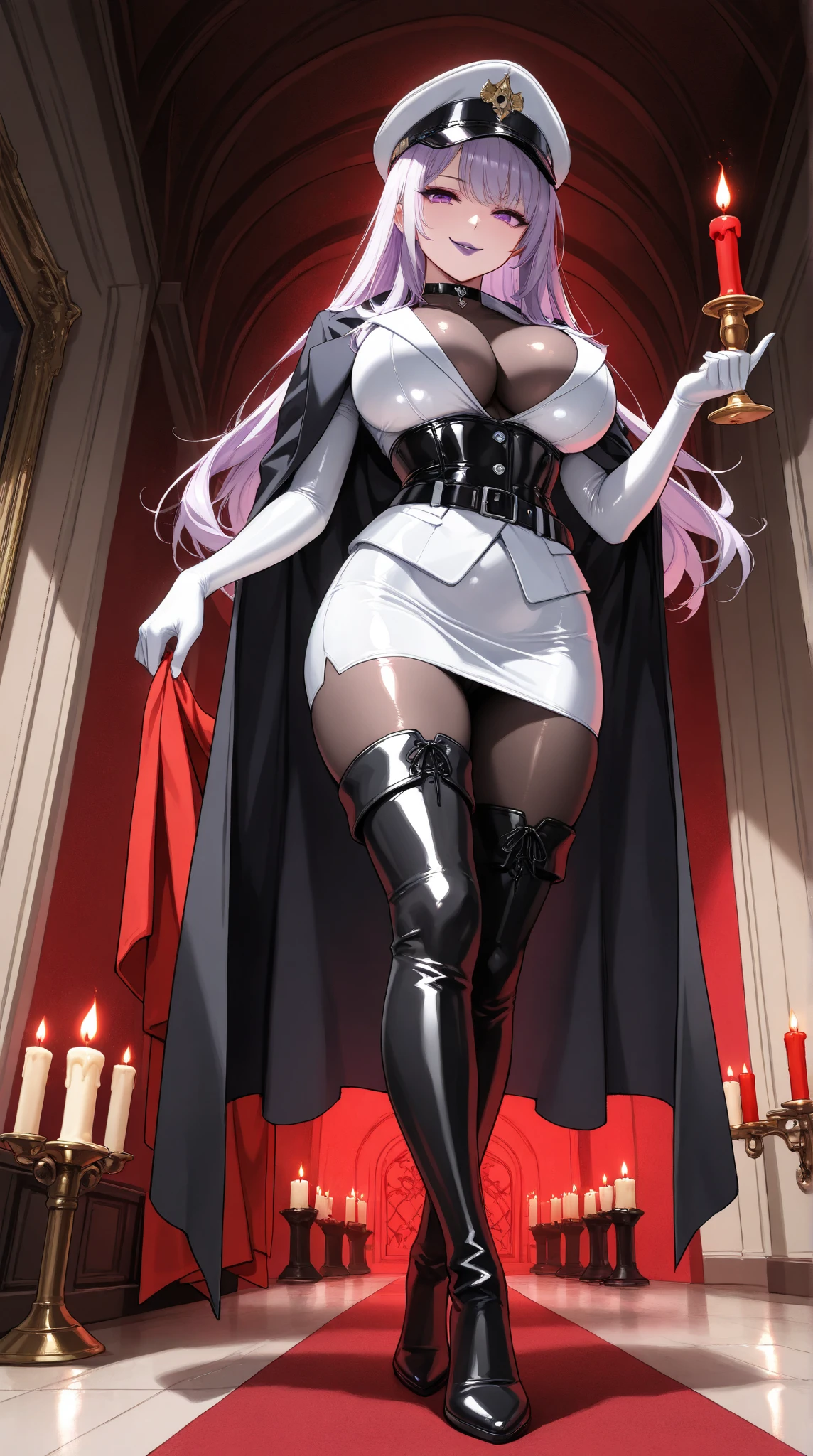  Young Beautiful Woman,(masterpiece, top quality, very detailed depiction, Incredibly Absurd High Definition ,Curvaceous Body,Beautiful legs,High quality skin),(Female executive of an evil organization:1.3),( shiny white bondage corset with intricate construction holding a red candle with a lit red candle in his hand:1.3,White Latex Tight Skirt :1.3, bodystocking ,military hat,Military cloak,Black leather belt, long gloves, leather choker, black tights, leather thigh-high boots),(Purple Eyes, my eyes are half closed:1.2, big breasts, sadistic smile,Shiny purple lips,Shadowed face,Seductive gestures,I have a lit red candle in my hand:1.2,Candle play), full body image , view from below,background:bedroom,Dim atmosphere,