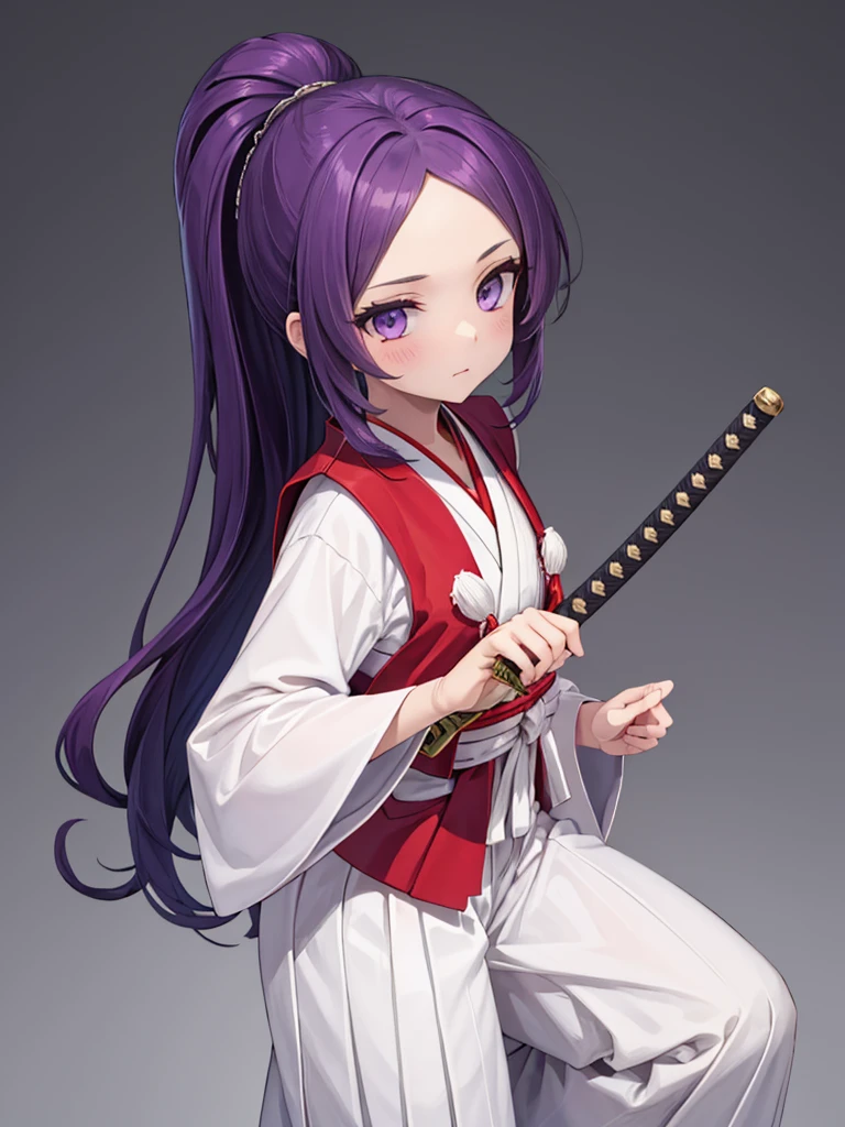 this is a picture of a girl dressed in a long gown with a sword, clean line drawings, ultra cute girl, ultra cute face, ultra detailed eyes, ultra detailed hair, ultra cute, ultra beautiful, ((high end)), (UHD picture), (best quality,4k,8k,highres,masterpiece:1.2), top-quality(​masterpiece), top-quality, ultra-detailed, highly detailed texture, intricate details, high quality textures, masterpiece, best quality, perfect quality, perfect anatomy, perfect body, perfect symmetrical face, perfect hands, perfect feet, (two arms:1.2), (two legs:1.2), (five fingers each:1.2), (perfect joint:1.2), perfect joint movement, precise fingers and hands, 1 beautiful girl, 1 girl, alone, solo, , , ((())), ((ish)), (Best Quality, hight resolution), extremely detailed and lifelike, Vibrant colors, simple background, very long hair, forehead visible bangs, hair flaps, purple hair, ponytail, well-formed face, purple eyes, japanese clothes, samurai, open vest, red vest, white kimono, long sleeves, wide sleeves, haori, long hakama, wide hemmed hakama, hakama pants, long trousers, sword, katana, holding katana, weapon