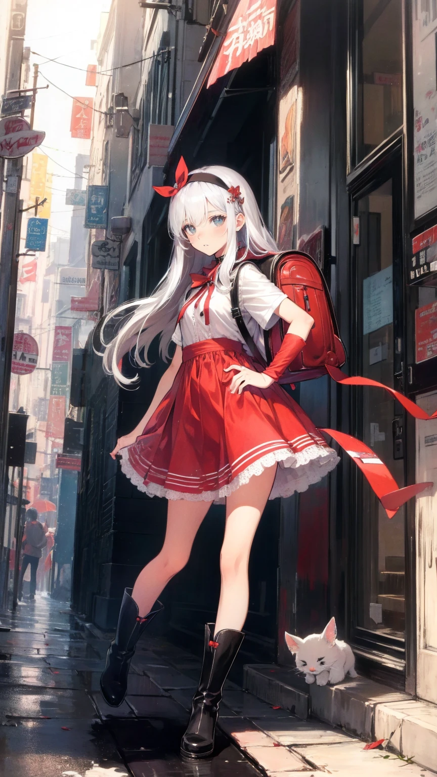  anime style  、story、、  beautiful girl、とてもcute天使、  red backpack 、cute、baby face、smile、  Long Skirt、Black long boots、Very cute headband、Very cute dress
