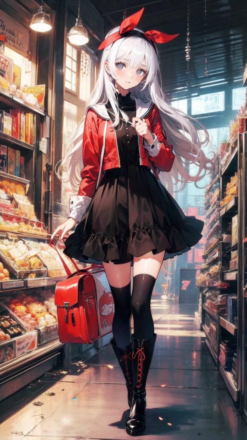  anime style  、story、、  beautiful girl、とてもcute天使、  red backpack 、cute、baby face、smile、  Long Skirt、Black long boots、Very cute headband、Very cute dress
