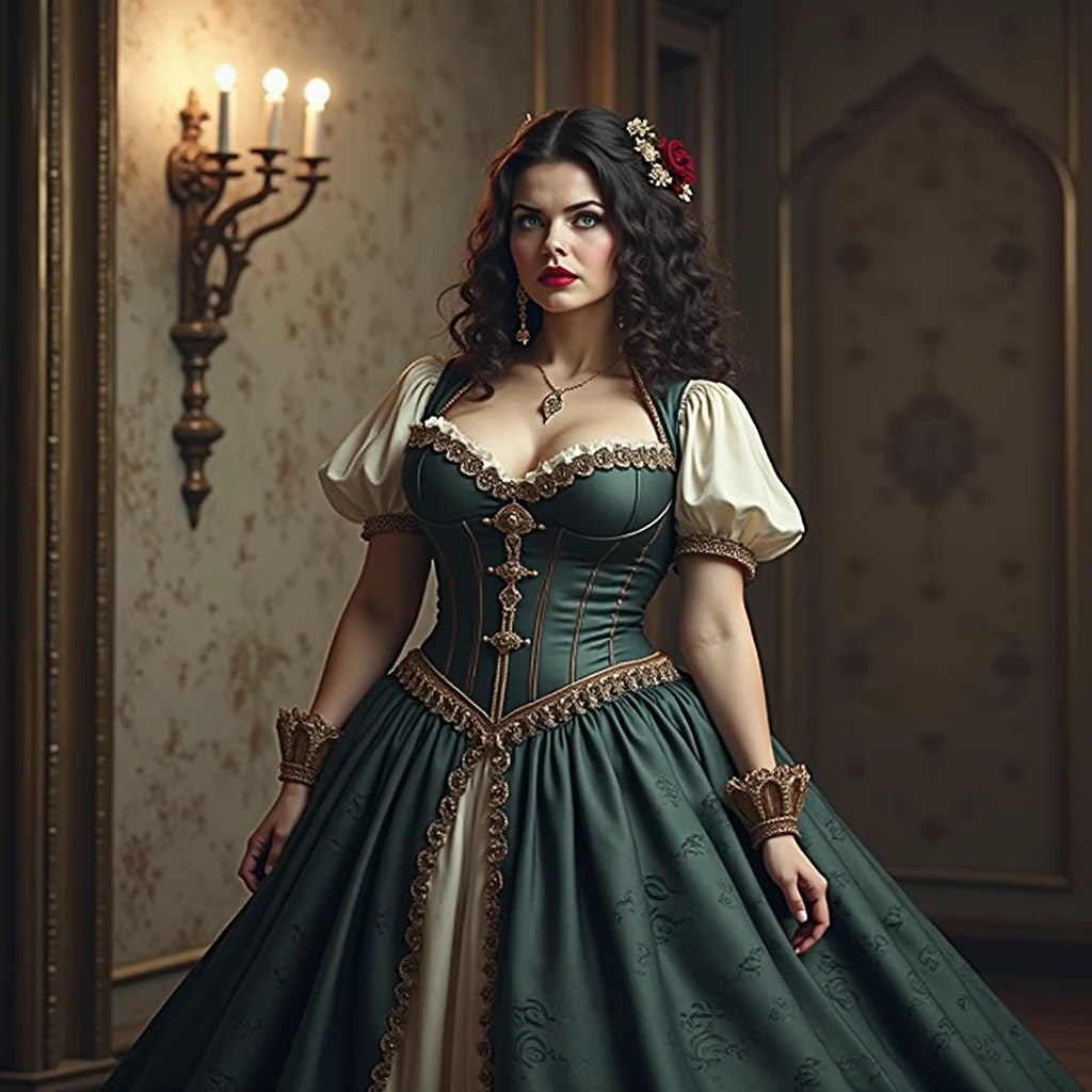 curly hair,black hair, high cheekbones, glossy lipstick, white pale skin, tall, curvaceous, small waist, big hips, hip dips, large breasts, big breasts, sagging breasts, looking at viewer, Best quality, 8k, Masterpiece, realistic, photorealistic, (gigantic breasts:1.2),wearing beautiful embroidery and jeweled ruffled gorgeous princess ballgown with voluminous full length hoop skirt,
princess in a beautiful embroidery and jeweled rococo princess ballgown with voluminous full length hoop skirt,super detailed gorgeous princess ballgown with voluminous full length hoop skirt,jeweled Gorgeous rococo princess ballgown with long train,jeweled Gorgeous rococo princess ballgown with long train,gorgeous rococo princess ballgown with beautiful embroidery and jeweled, detailed eyes, brown eyes, green dress