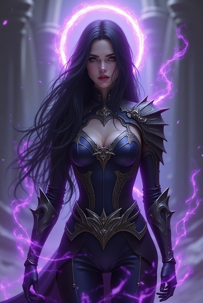 a dark fantasy cyberpunk android woman, 1 girl, highly detailed, hyper realistic, masterpiece, 8k, photorealistic, beautiful detailed eyes, beautiful detailed lips, extremely detailed face, long eyelashes, long white hair, shawl, black coat, glowing purple eyes, expressionless, mecha long skirt, holding a weapon, beautiful necromancer, dark cloaked necromancer, beautiful death, dark witch character, (black purple:1.1), studio lighting, professional, vivid colors, physically-based rendering, extreme detail description