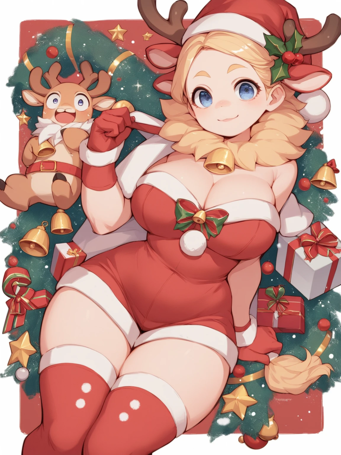 (masterpiece, best quality:1.2), christmas, snowing, solo, 1girl, hildaholiday, smiling, looking at viewer, twintails, hair flower, hat, fur trim, red dress, clothing cutout, fur-trimmed sleeves, white gloves, striped thighhighs, cleavage, outdoors, cowboy shot, upper body, (hands behind back), huge belly, massive belly, giant belly, enormous belly