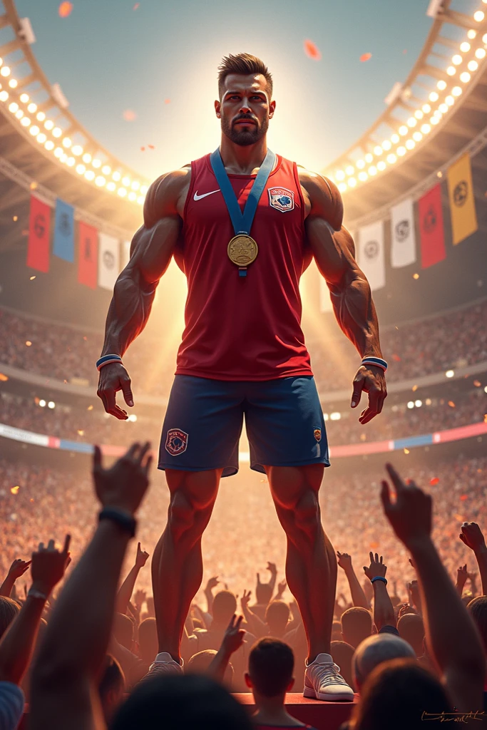 A Muscular man. Scary lion head. Playing football. Burning field background.