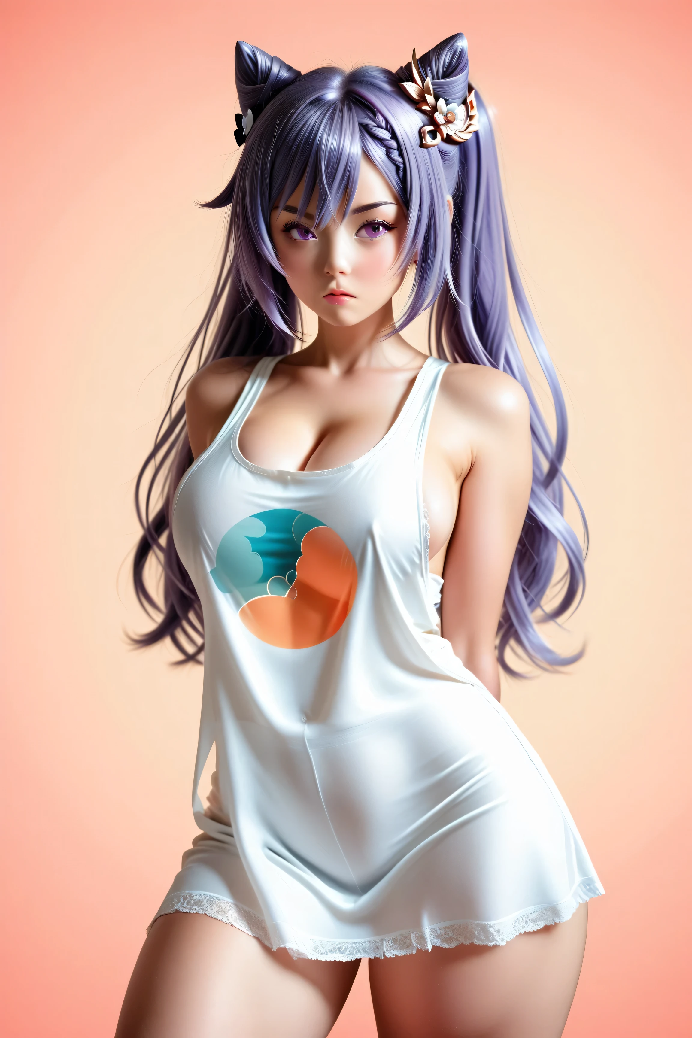 Keqing from Genshin Impact, purple hair, flowing purple eyes, large breasts, and thick thighs, lingerie, standing in a relaxed contrapposto pose with her hands behind her back, she’s facing viewer straight, having a dramatic, neutral expression on her young face, her tank top revealing pronounced cleavage and sideboob, her long hair fluttering in the wind, with a pale color gradation, blending retro elements, contemporary digital art, and surrealism, with intricate details, 