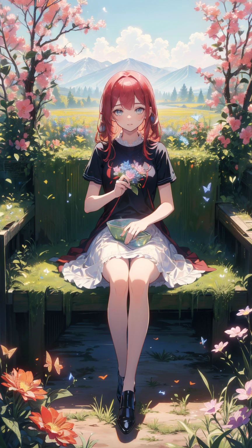 (masterpiece: 1.2), ( very detailed with crimson hair: 1.2), ( very detailed with crimson hair CG: 1.2), ( high image quality: 1.2), (最 high image quality), 8k,  Animated Illustration ,  girl with a slightly sad expression is sitting in a field of flowers, A butterfly 々View、((There&#39;Butterflies on my fingers 々))、Butterflies fluttering々dance、Beautiful work
