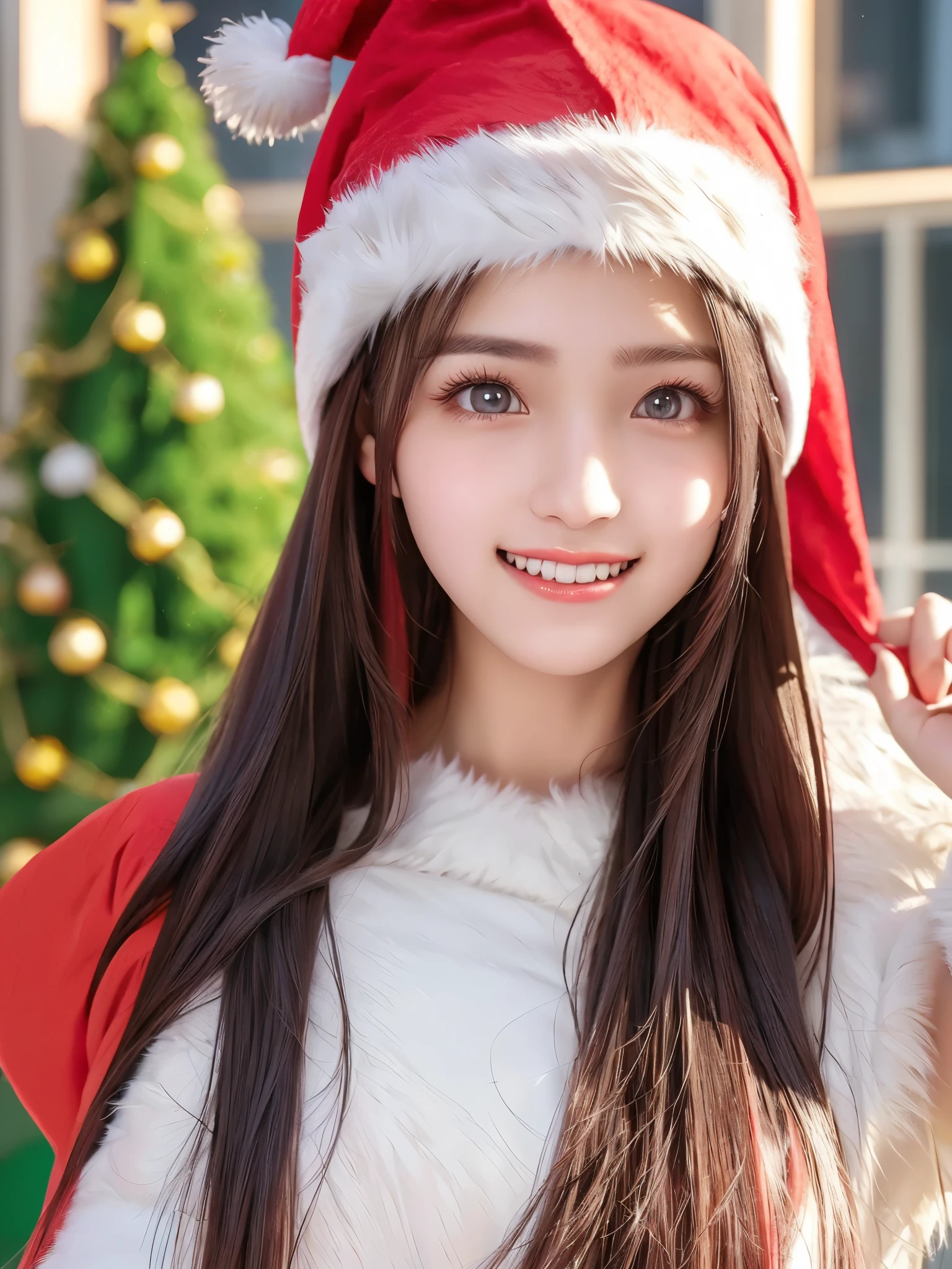 top quality、 super high resolution 、(Photographically: 1.4)、 beautiful eyes、 very beautiful 、 shiny hair 、Thin hair、 Merry Christmas 、 Christmas tree、smile、(( red Santa Claus costume 、Santa hat、Forehead))