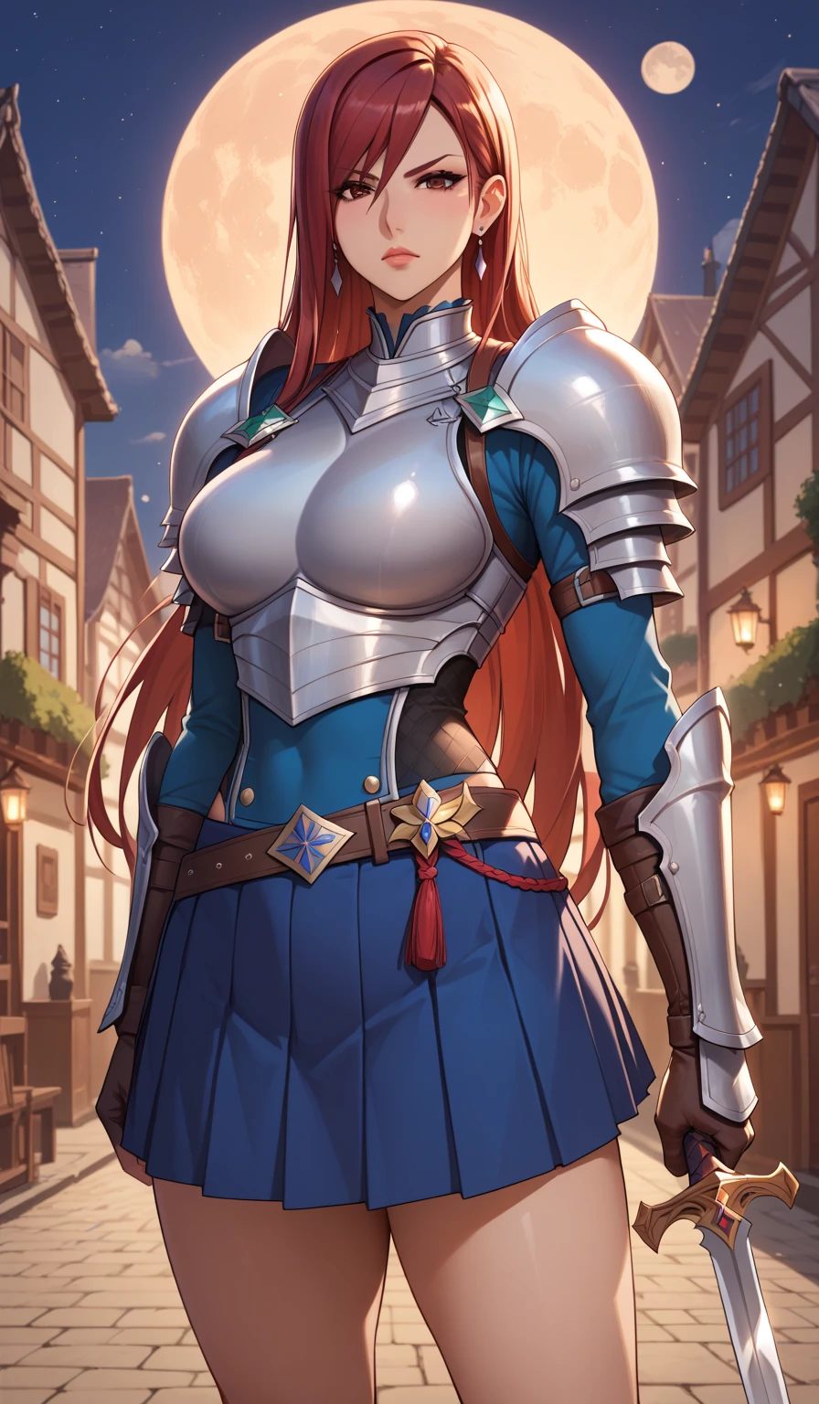 ((masterpiece)), Highest quality, Very detailed, master piece, best quality, score_9, score_8_up, score_7_up, source_anime, Erza, holding sword, serious, brown eyes, pauldrons,blue skirt, tattoo, gloves, breastplate, 1girl, gauntlets, belt,pleated skirt, holding weapon, red hair, shoulder armor, looking at viewer, night time, full moon, village, torches, 
,masterpiece, best quality,animerza
, score_9, score_8_up, score_7_up, score_6_up, score_5_up, source_anime, nsfw, Score_9, Score_8_up, Score_7_up, Score_6_up, Score_5_up, Score_4_up, Source_anime, Tag1, Tag2, Best quality, High quality, Detailed, High resolution, 8k, Ultra high res, Soft saturation, Professional quality, Perfect contrast, Perfect lighting, Anatomically correct, Huge breasted, Wide hips, Gargantuan butt, Sensual woman, mature female, milf, motherly, seductive BREAK Face focus, standing, 