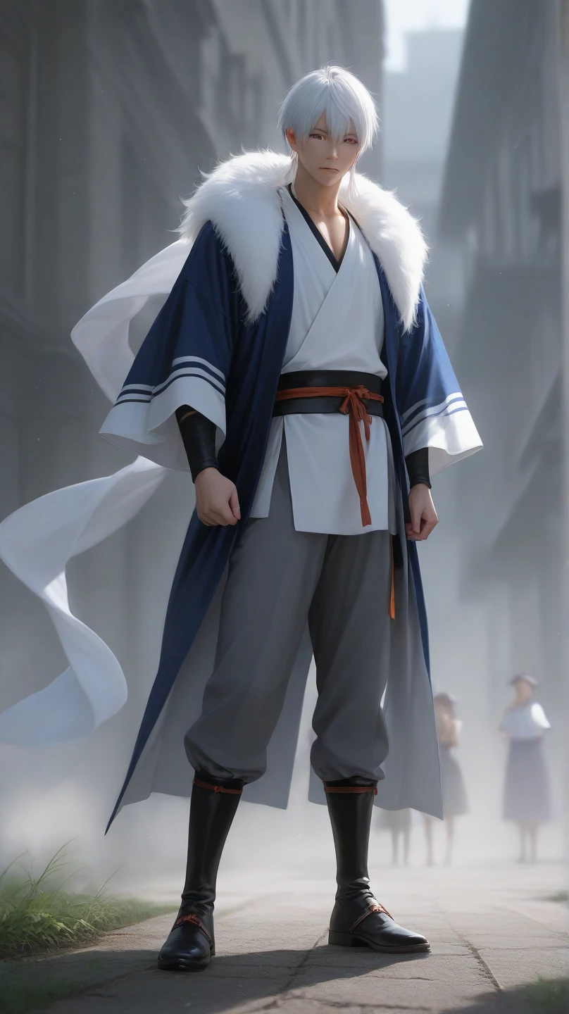 Full body photorealistic shots of handsome hunky slender white haired Sesshomaru 