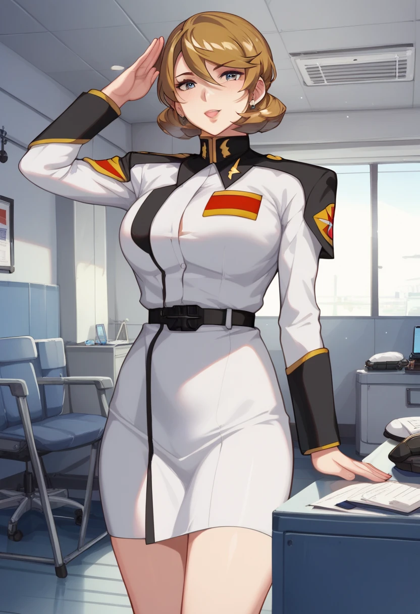  highest image quality taken by Ki、 anatomically accurate 29-year-old woman 、Golden brown hair、My eyes are light blue、Height: 170cm、Sexually provocative facial expressions、In the military conference room, 、 Zaft's white military uniform in the military conference room ( wearing a white tight skirt in a military conference room)、The front of the jacket is open to see the bra and salute、