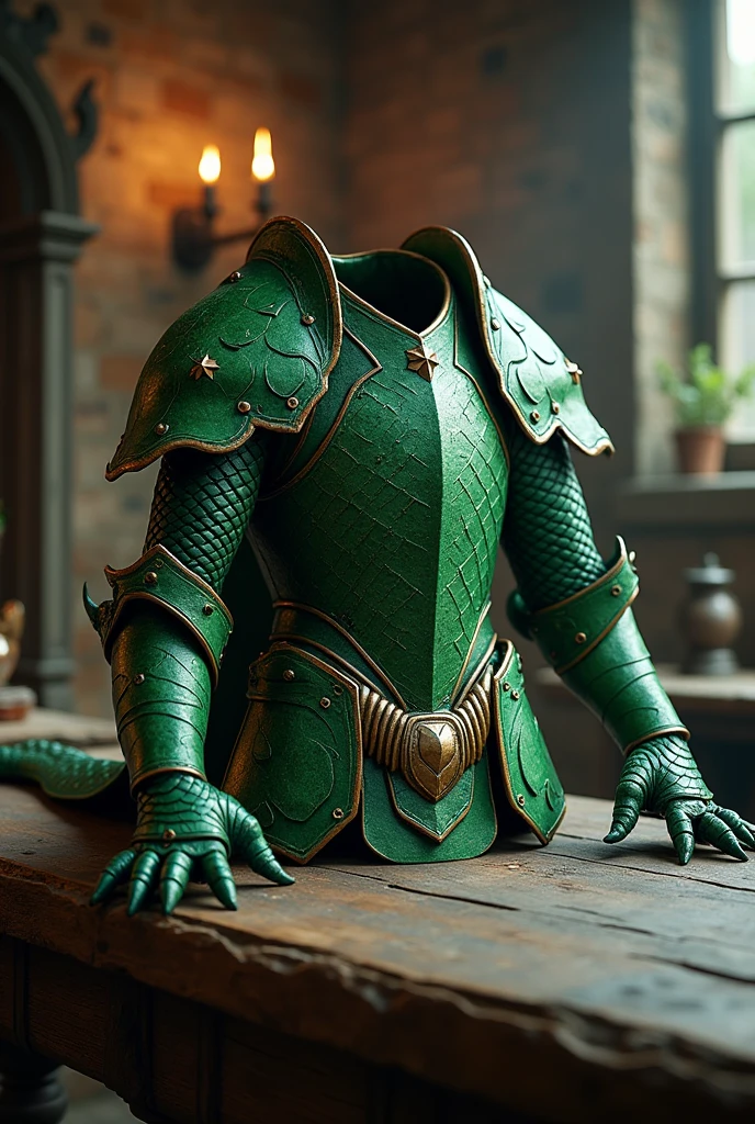 Create Magic the Gathering style a green dragon Hauberk with details on top of a medieval table