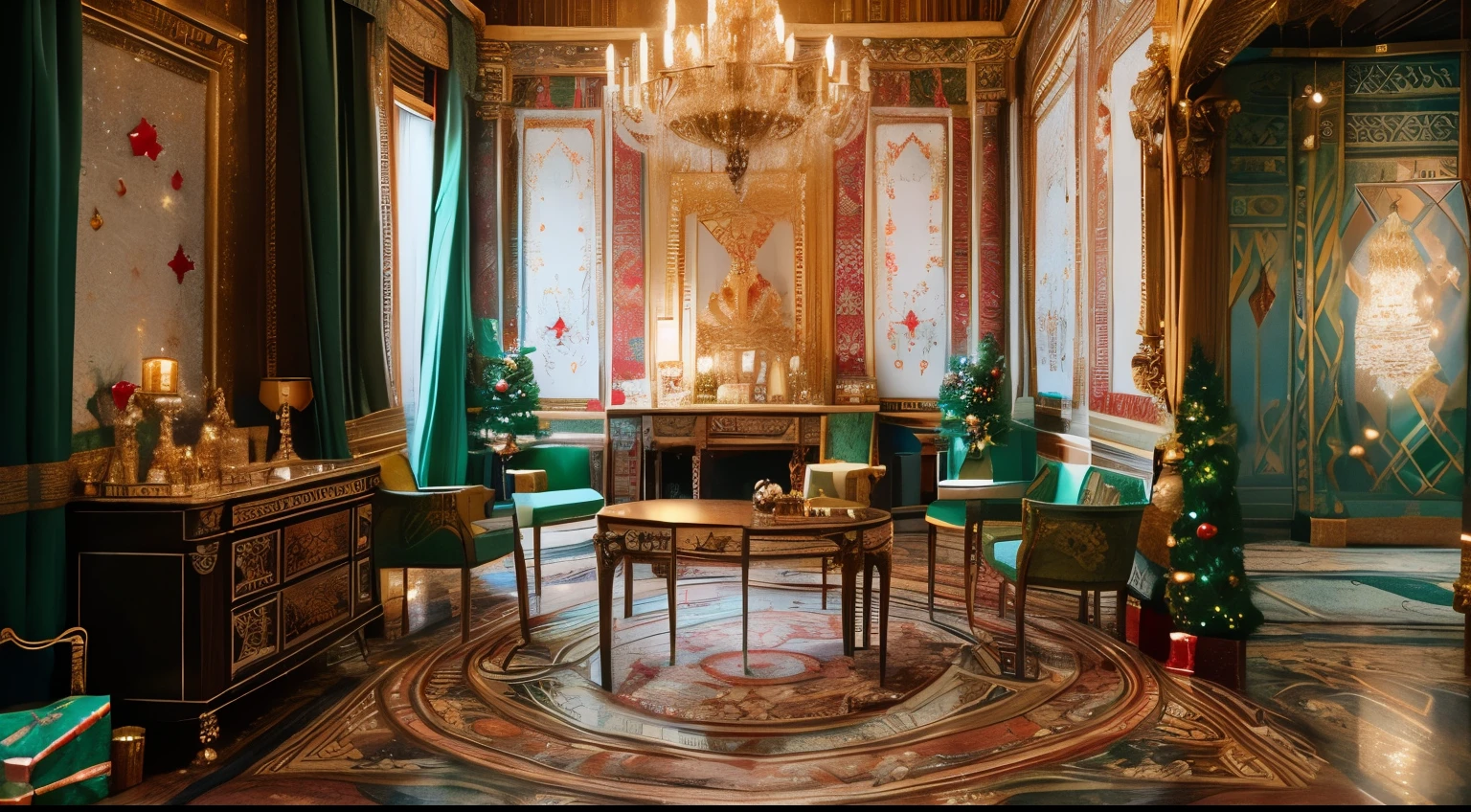 (The Queen's Room of the palace is glamorously and glitteringly filled with Christmas decorations. A large Christmas tree reaching to the ceiling, piles of Christmas gift boxes, Christmas wreaths on the walls, and bottles of champagne and glasses on the tables. Rainbow-colored tape is stretched from the chandelier into the room.)