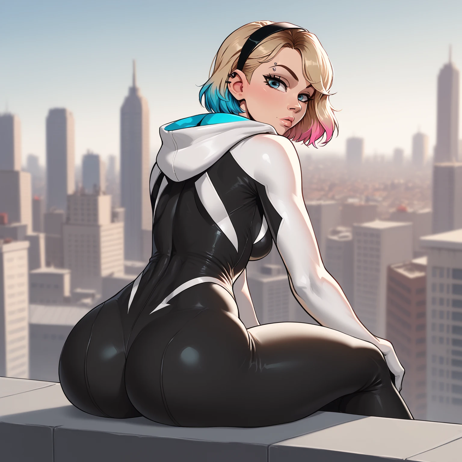 score_9, score_7_up 1girl, solo, gwen stacy, bodysuit, ass, looking at viewer, multicolored hair, city, depth of field, rooftop, sitting, ass support, skin tight, piercing