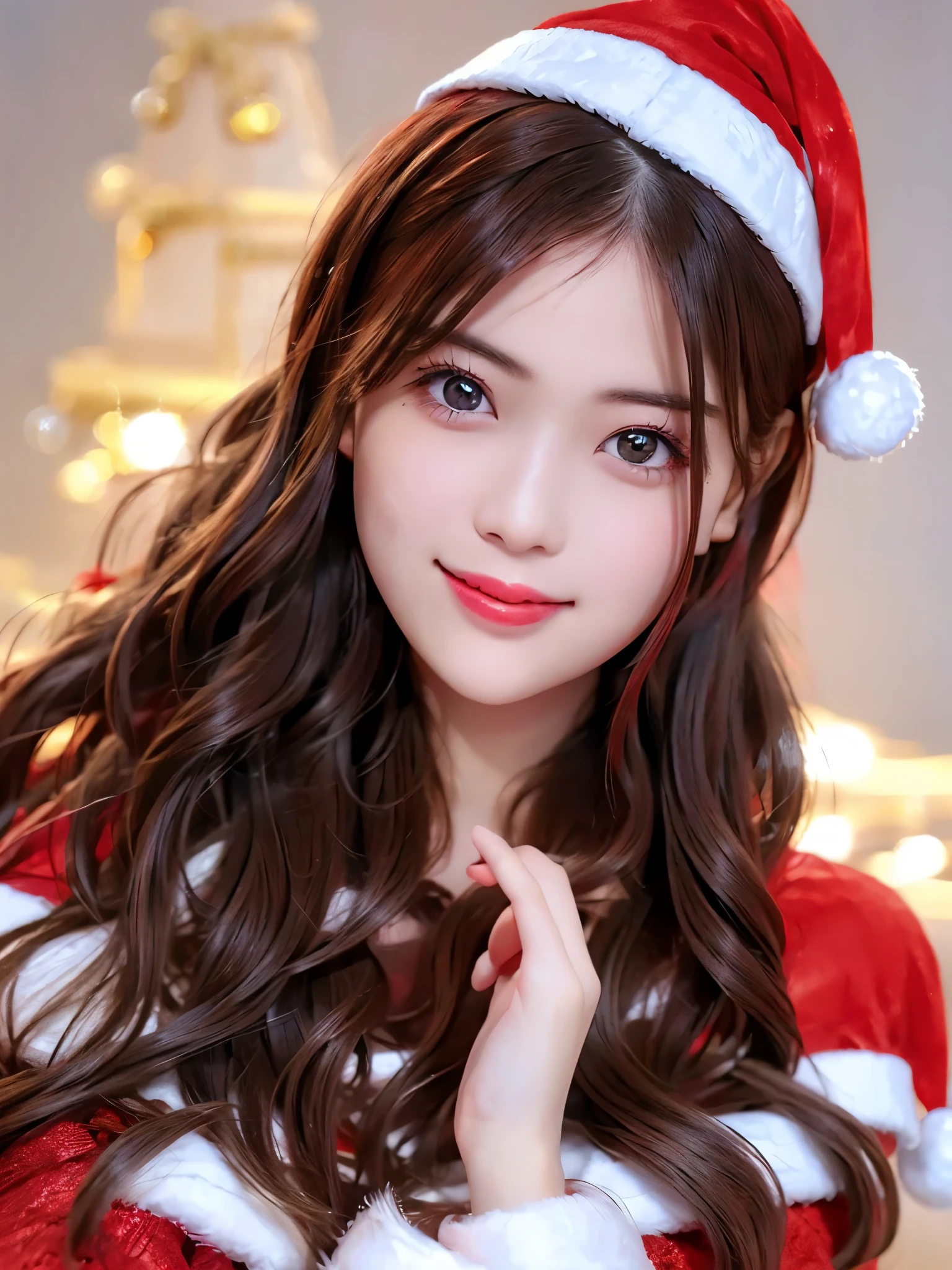 top quality、 super high resolution 、(Photographically: 1.4)、 beautiful eyes、 very beautiful 、 shiny hair 、Thin hair、 Merry Christmas 、 Christmas tree、smile、(( red Santa Claus costume 、Santa hat、Forehead))