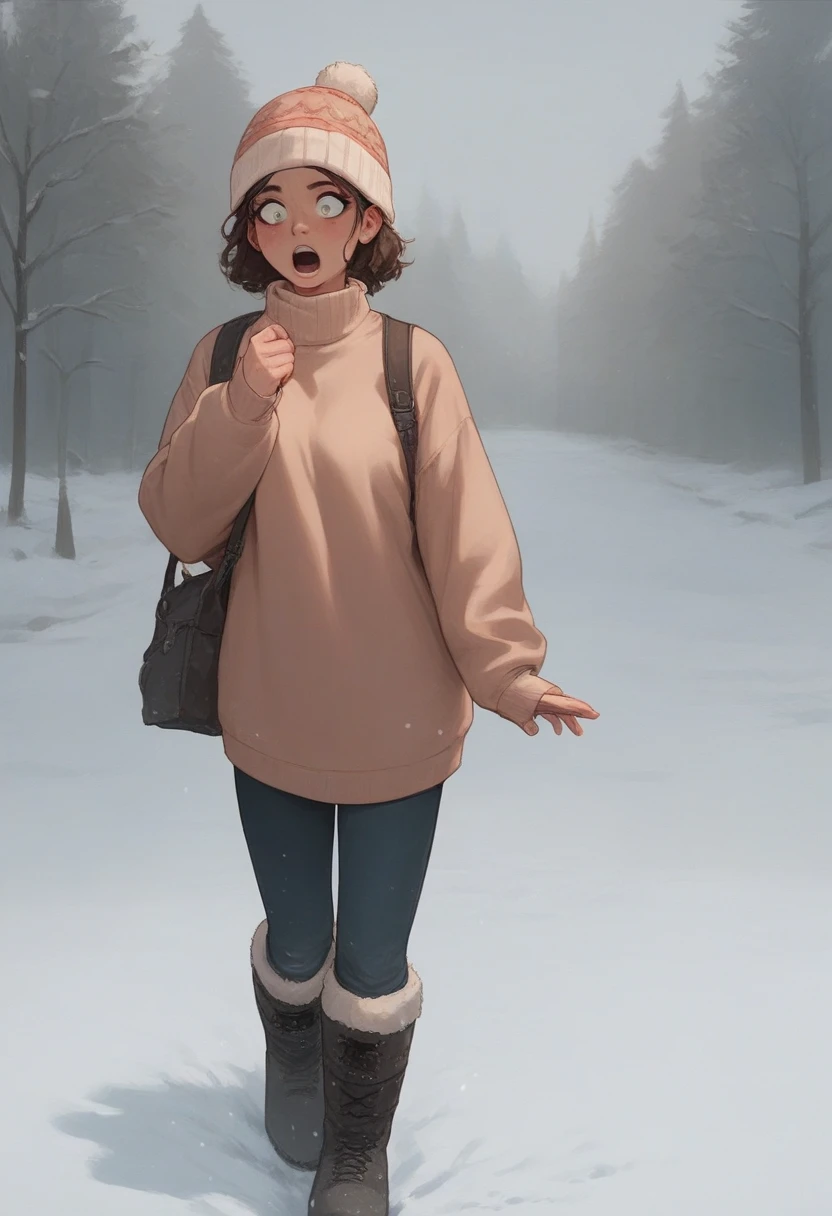 A girl is walking through the snow-covered winter mountains as Moran passes in front of her. The girl has a surprised expression on her face. She is wearing a sweater, a knitted hat and winter boots. The video is inspired by Tove Jansson's "Moomin."