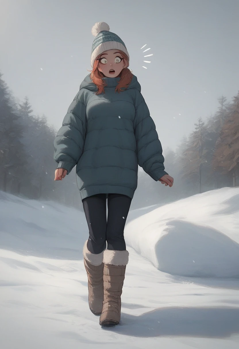 A girl is walking through the snow-covered winter mountains as Moran passes in front of her. The girl has a surprised expression on her face. She is wearing a sweater, a knitted hat and winter boots. The video is inspired by Tove Jansson's "Moomin."