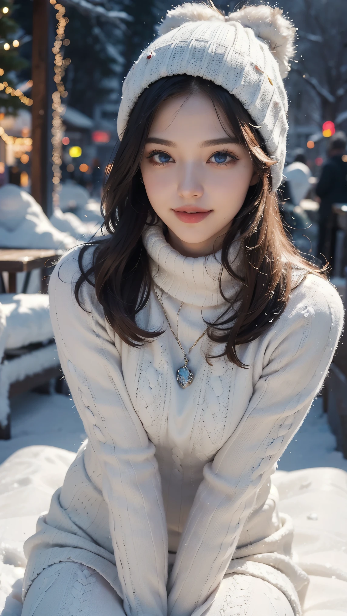 Android 18,(best qualityer,4K,8k,high resolution,work of art:1.2)(weather: snowing), Mondstadt town background, coffee shop, winter outfit, beige winter sweater, fur mittens, winter fur scarf, winter leggings, winter boots, winter beanie, silver neck jewelry, snowflake embroidery, cheek mole, short straight hair, blonde hair, ultra detailed, realistic, portrait,beautiful detailed sapphire blue eyes, glowing eyes,blush,beautiful detailed lips,extremely detailed eye and face, long eyelashes,sexy,average, large breasts,beaming smile, flirty smile, powerful girl, sexy pose, stunning curves, bright coloured, dramatic lighting, Christmas lights, Christmas tree, drinking coffee,