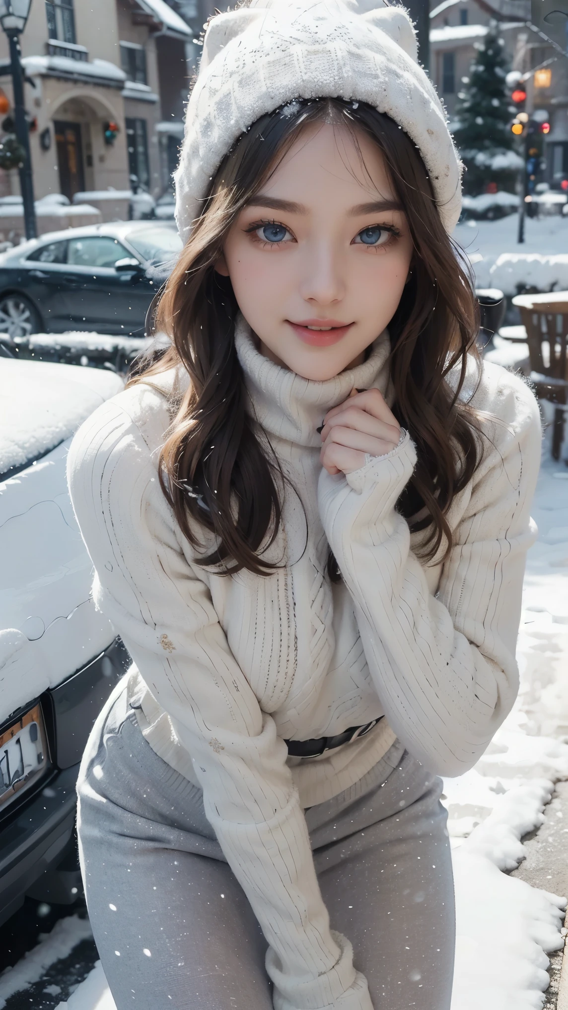 Android 18,(best qualityer,4K,8k,high resolution,work of art:1.2)(weather: snowing), Mondstadt town background, coffee shop, winter outfit, beige winter sweater, fur mittens, winter fur scarf, winter leggings, winter boots, winter beanie, silver neck jewelry, snowflake embroidery, cheek mole, short straight hair, blonde hair, ultra detailed, realistic, portrait,beautiful detailed sapphire blue eyes, glowing eyes,blush,beautiful detailed lips,extremely detailed eye and face, long eyelashes,sexy,average, large breasts,beaming smile, flirty smile, powerful girl, sexy pose, stunning curves, bright coloured, dramatic lighting, Christmas lights, Christmas tree, drinking coffee,