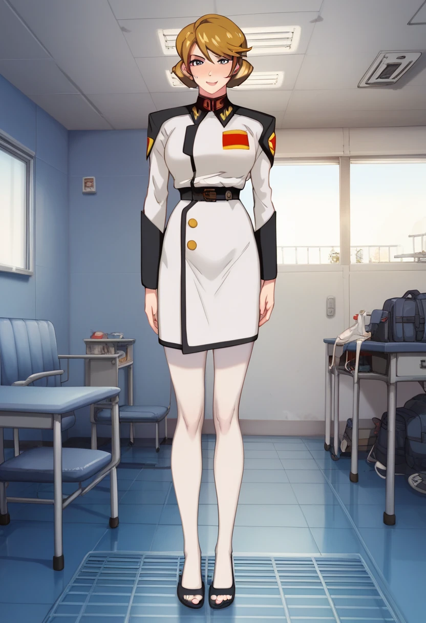  highest image quality taken by Ki、 anatomically accurate、29-year-old female、Golden brown hair、My eyes are light blue、Height: 170cm、Sexually provocative facial expressions、In the military conference room, 、 Zaft's white military uniform in the military conference room ( wearing a white tight skirt in a military conference room)、 bra is in full view at my feet、I'm saluting my skirt and the 、