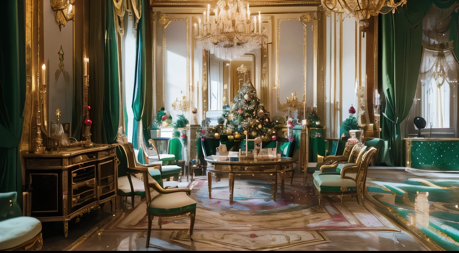 (The Queen's Room of the palace is glamorously and glitteringly filled with Christmas decorations. A large Christmas tree reaching to the ceiling, piles of Christmas gift boxes, Christmas wreaths on the walls, and bottles of champagne and glasses on the tables. Rainbow-colored tape is stretched from the chandelier into the room.)