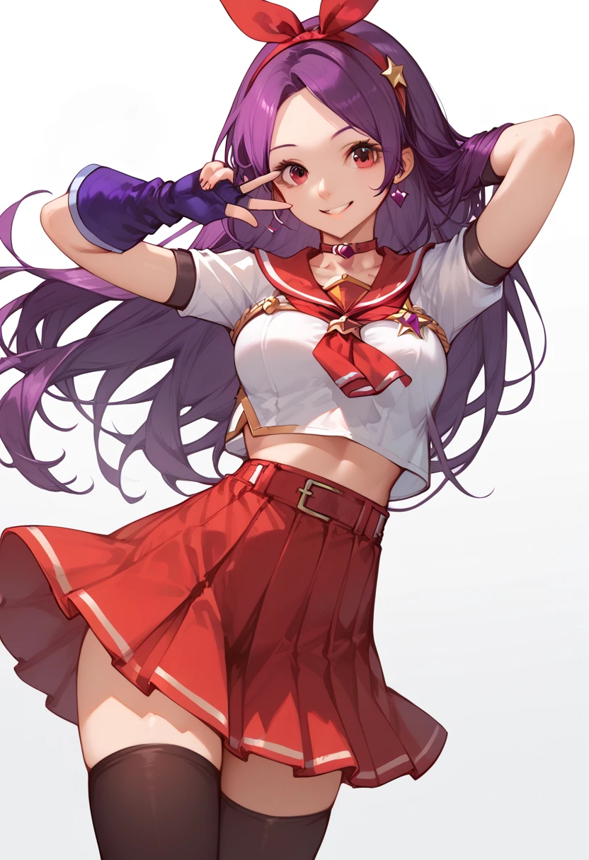 (score_8, score_8_up, masterpiece, highest quality, perfect anatomy, perfect finger, exquisite detailed:1.3), (realistic:0.5), 
1 girl, AthenaKOFXIV, red hairband, hair ribbon, purple hair, red choker, 
serafuku,pearl (gemstone), short sleeves, red skirt, fingerless gloves, black thighhighs,
cute face,  
smile, looking at viewer,
standing, (legs apart:0.8), 
arm behind head,