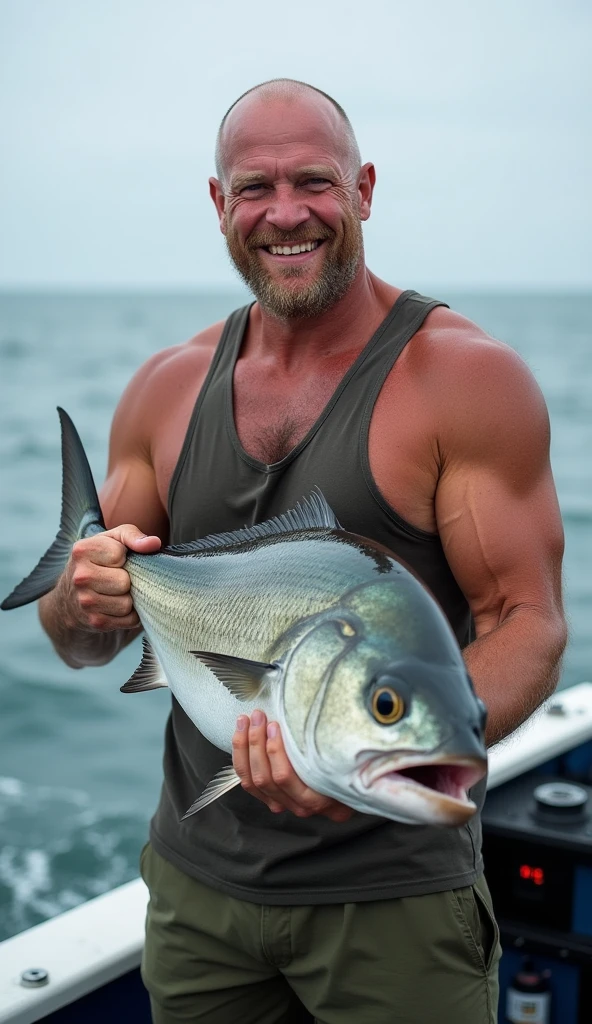 A strong man with a tan, he caught a huge fish while fishing, on the cruiser, the dazzling summer sun, the blue sky,