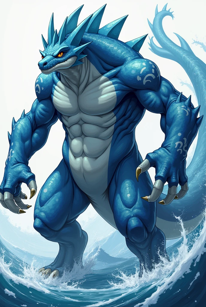 Gatoranade is larger and more muscular than its pre-evolution. It has developed strong, arm-like forelimbs for combat and can stand on its hind legs when needed. Its crest has grown into a jagged, wave-like fin, and its tail is thickened to deliver powerful strikes. Its blue coloration deepens, and white markings resembling waves cover its body.