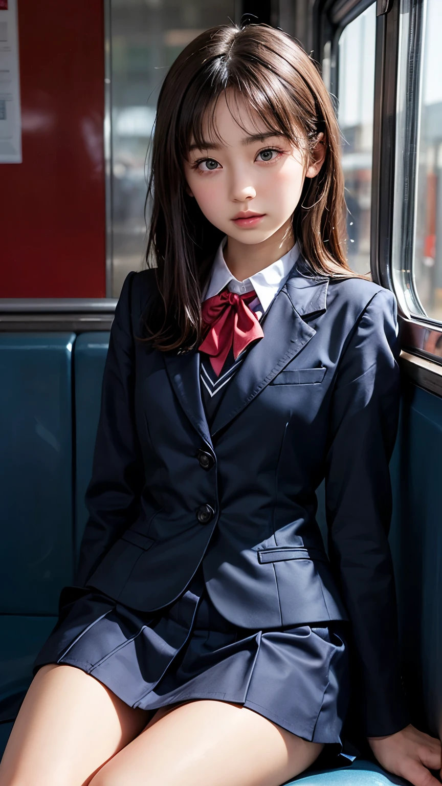 ((anatomically correct)), young girl sitting on train seat,medium body,narrow shoulder width,wide pelvis,short thin legs, thick calves:1.5,leaning left or right,view from front,head tilt,look away, innocent face,ultra detailed face, blazer school uniform,shot from below